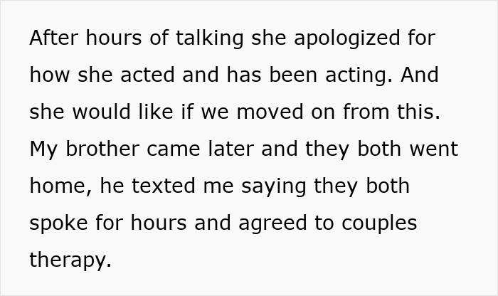 Text message discussing apology and couples therapy after family conflict involving woman needing support and sister-in-law drama.