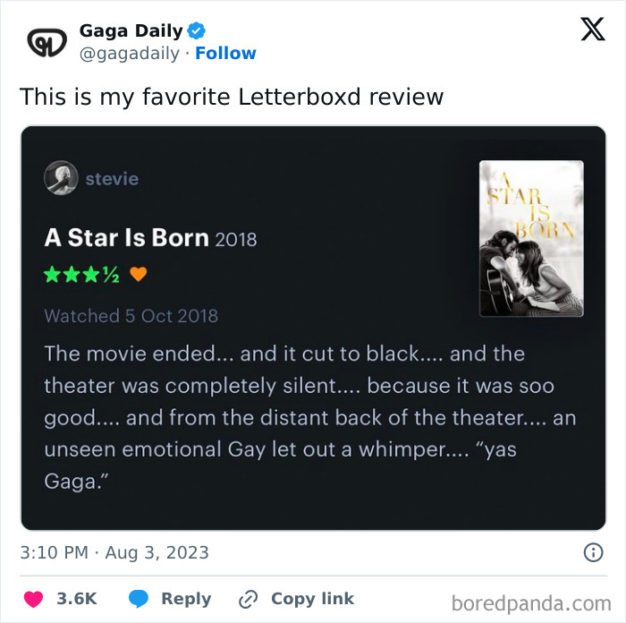 Screenshot of a humorous product review for A Star Is Born on Letterboxd showing a witty and emotional movie reaction.