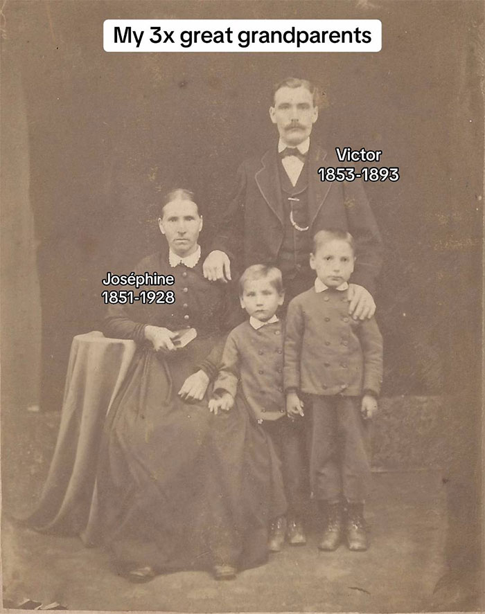 Vintage family photo of 3x great grandparents Victor and Jos&eacute;phine with their two children, showcasing family historian legacy.