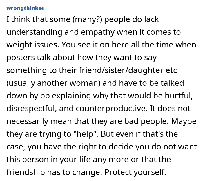 Alt text: Text discussing lack of empathy around weight issues and the impact on friendships after many years.