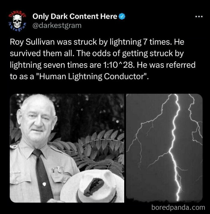 Black and white photo of Roy Sullivan called the Human Lightning Conductor, with lightning striking in the background on Instagram.