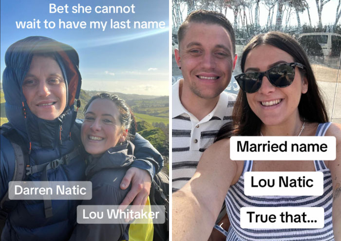 Two couples smiling outdoors referencing the married surname trend with humorous text about last names and name changes.