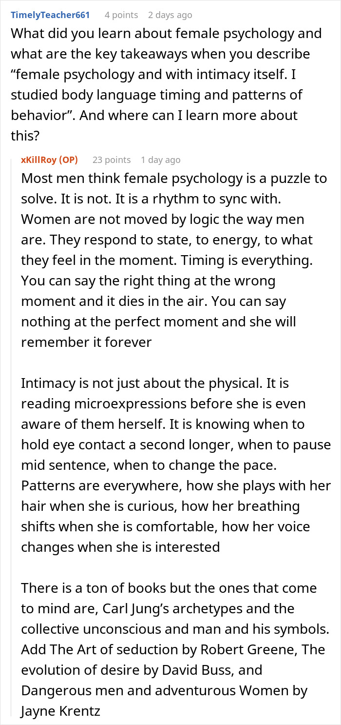 Reddit conversation about female psychology, intimacy, and timing in relationships from a paid companion perspective.