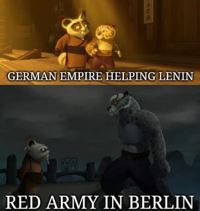 Animated meme contrasting German Empire helping Lenin and Red Army in Berlin, humorously challenging history knowledge with funny memes.