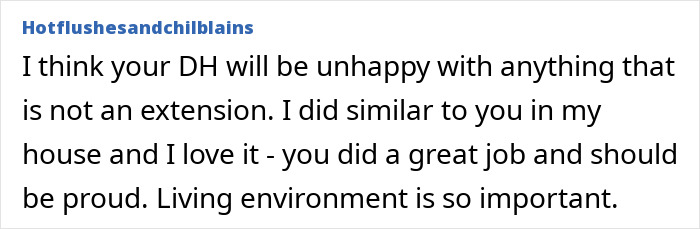 Comment on a DIY kitchen makeover, praising efforts and emphasizing the importance of a living environment in a home discussion.