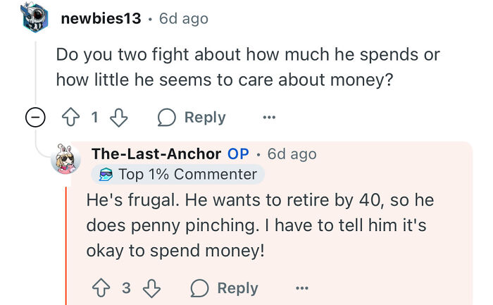 Screenshot of an online conversation about a poor woman dating a rich guy discussing money habits and financial changes.