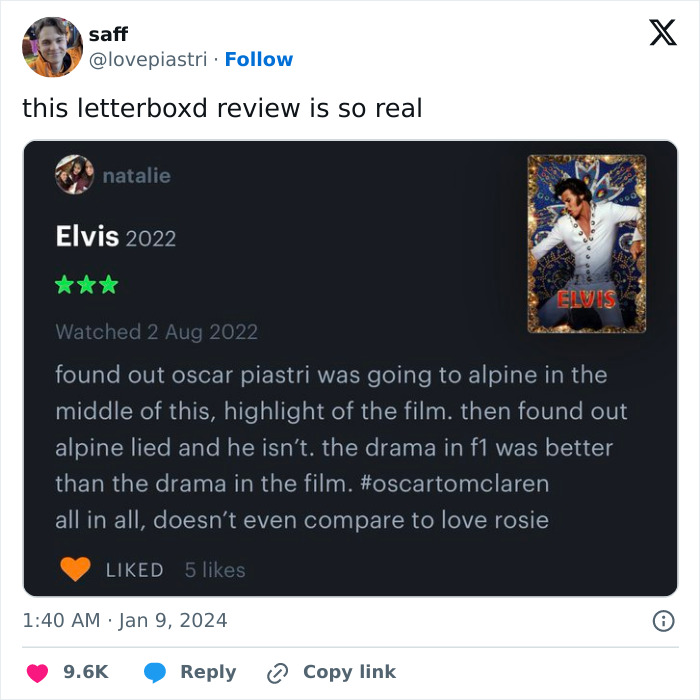 Humorous product and service review comparing film drama to F1 twists, showcasing an immaculate sense of humor.