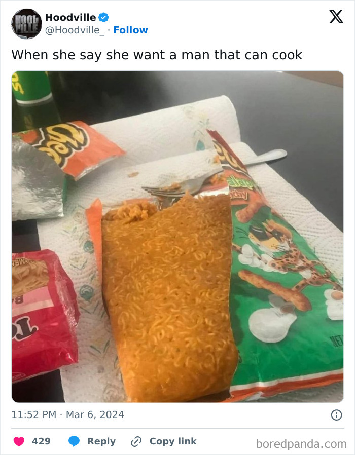 Block of instant noodles cooked inside a hot Cheetos snack bag, highlighting unhealthy food choices.