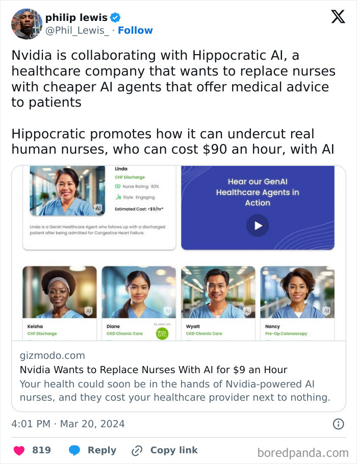 Social media post about Nvidia collaborating with AI healthcare agents to replace nurses at lower costs.
