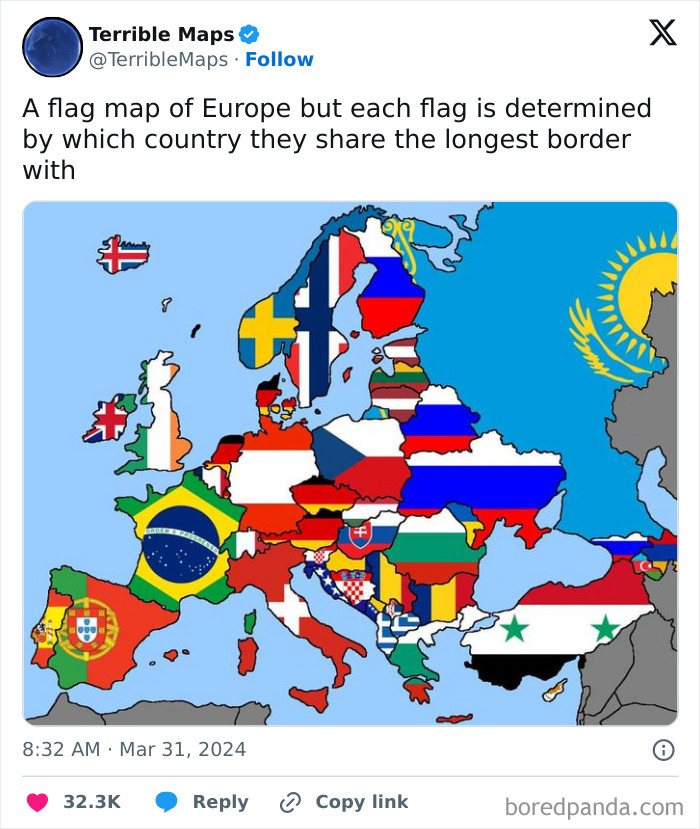 Map of Europe showing each country filled with the flag of the nation they share the longest border with, geography facts and maps.