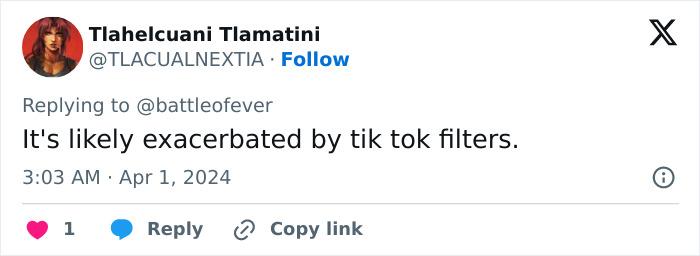 Twitter user commenting about the rare condition causing her to see dragons instead of people, mentioning TikTok filters.