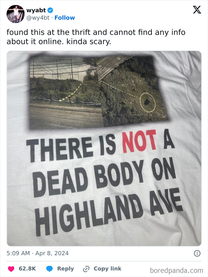 Creepy unsettling thrift shop shirt claiming there is not a dead body on Highland Ave with eerie images.