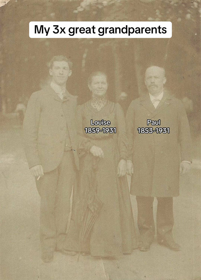 Sepia-toned photo of three people labeled as 3x great grandparents, highlighting family historian and family tree inspiration.