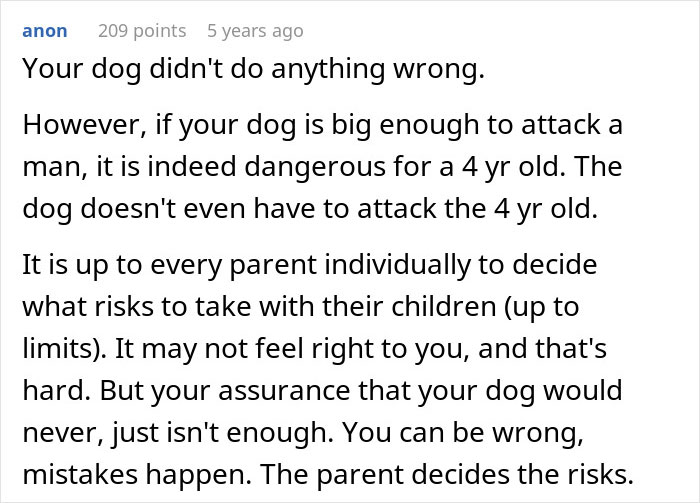 Comment discussing the dangers of a dog attack and parental responsibility in deciding risks around kids. Comment discussing the dangers of a dog attack and parental responsibility in deciding risks around kids.