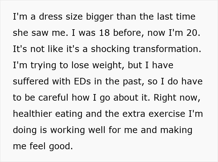 Woman reflects on weight change after seeing good friend, discussing efforts to lose weight with healthy habits and exercise.
