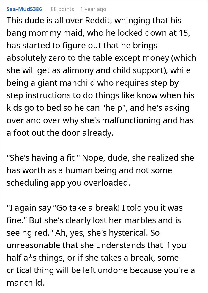 Screenshot of a Reddit comment discussing a man telling his wife she couldn&rsquo;t do it without him and her proving him wrong.