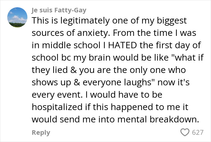Comment about anxiety and fear of loneliness from a social event, shared by user Je suis Fatty-Gay on a social platform.