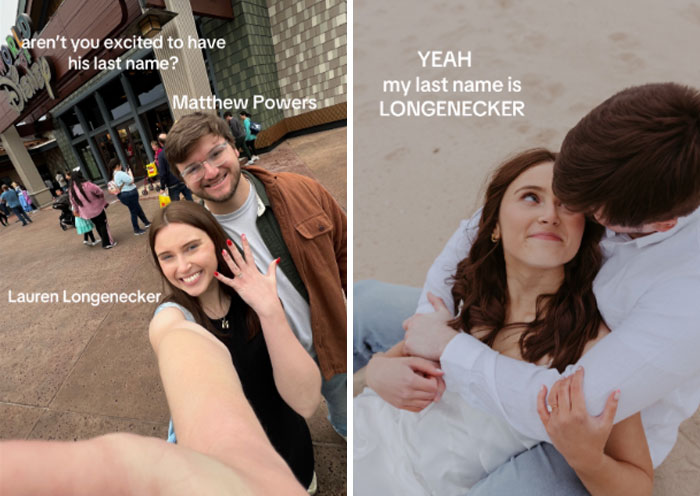 Couple humorously sharing their married surname Longenecker, highlighting the popular married surname trend in lighthearted photos.
