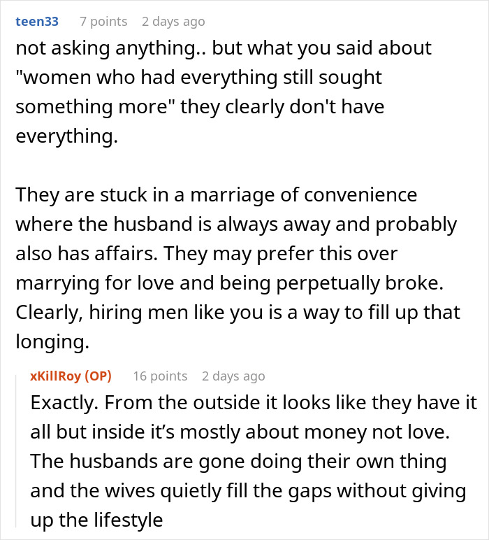Reddit conversation discussing wealthy married women hiring paid companions to fill emotional gaps in marriage.