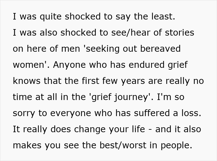 Text discussing shock at men seeking out bereaved women and the impact of grief journey on friendships and life.