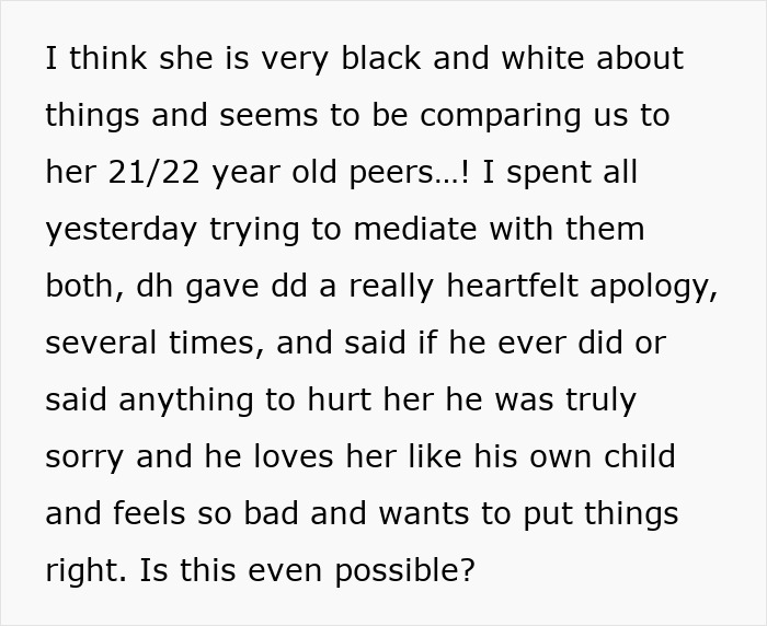 Text discussing a stepdad&rsquo;s emotional apology after his stepdaughter, raised since age 4, cuts ties at 22.