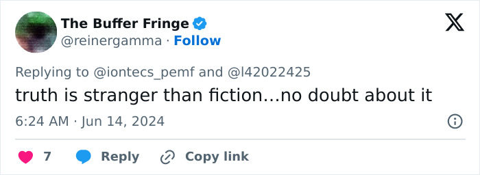 Tweet from The Buffer Fringe stating truth is stranger than fiction, relating to rare condition making woman see dragons instead of people.