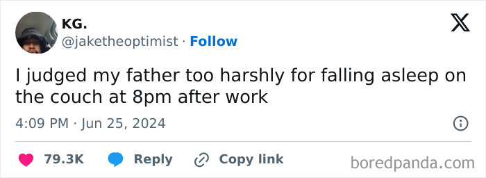 Tweet by user KG humorously admitting to judging his father for falling asleep early after work, part of hilarious tweets collection.