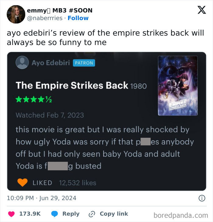 Screenshot of a humorous product review on The Empire Strikes Back showing an amusing take in service reviews.