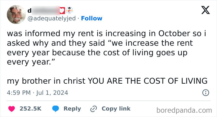 Tweet criticizing rising rent and cost of living, highlighting affordable housing issues shared in Georgism group discussion.