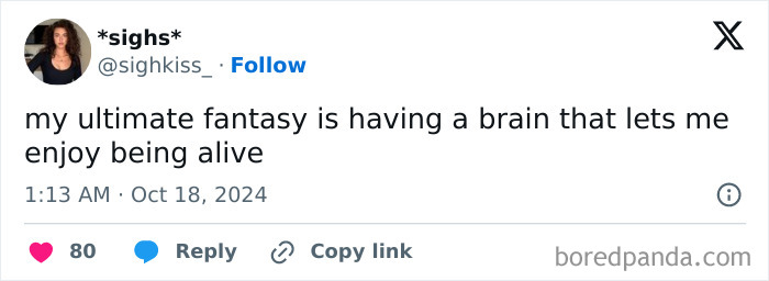 Tweet by Pain Be WILIN humorously expressing a wish for a brain that enjoys being alive, related to neurodivergence memes.