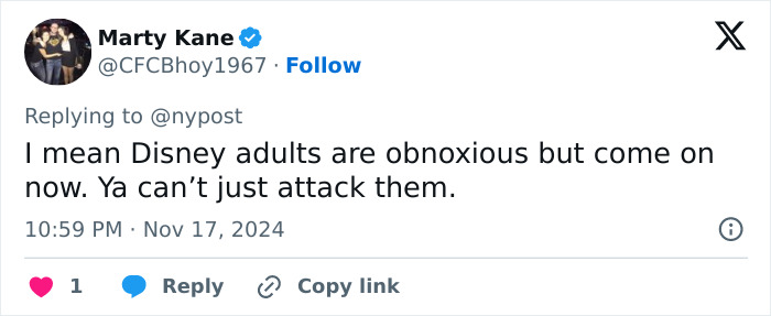 Tweet discussing violent Disney World incident involving victim and culprit relationship at a public social media platform.