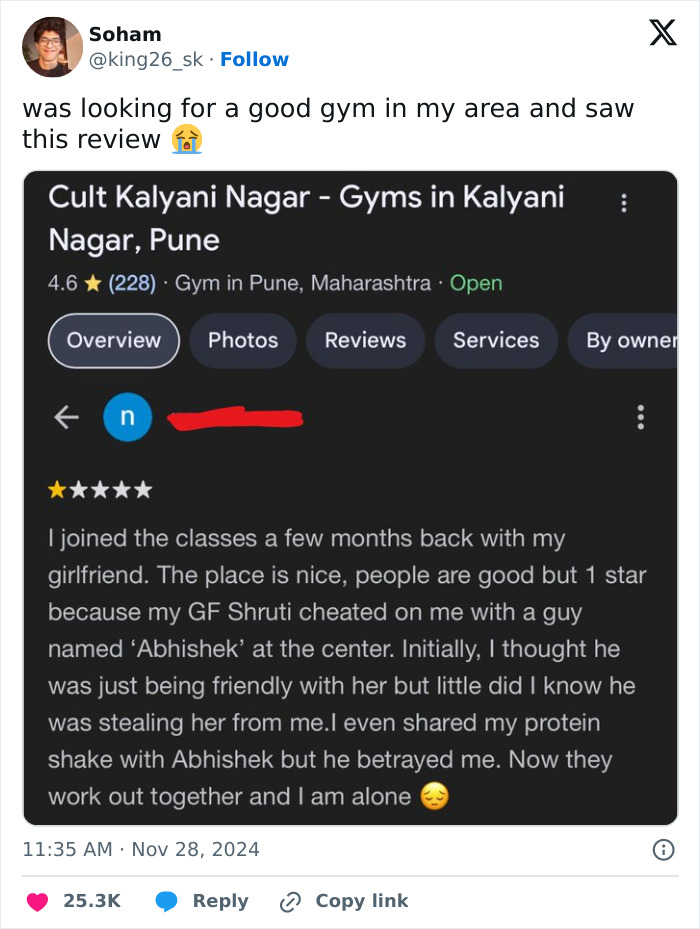 Funny product and service review about a gym where a customer shares a humorous story of betrayal and heartbreak.