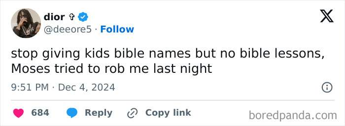 Tweet from Twitter user dior sharing a funny tweet humorously referencing biblical names and Moses in a hilarious July tweet.