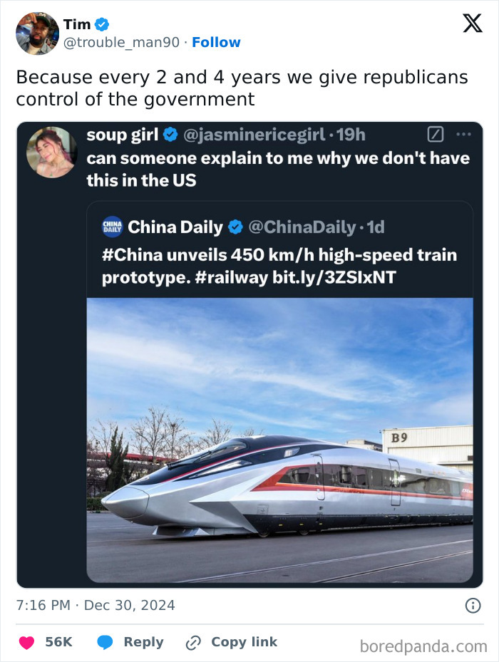 High-speed train prototype revealed in China, highlighting facepalm moments of absent basic logic in infrastructure progress.
