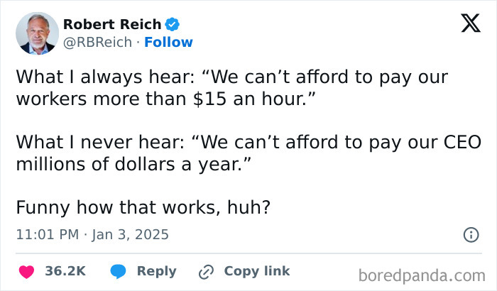 Tweet showing a facepalm moment highlighting missing basic logic about worker pay versus CEO salaries.