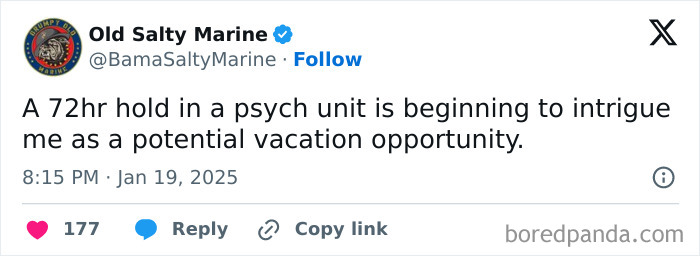 Tweet about a 72-hour hold in a psych unit viewed humorously as a vacation, related to neurodivergence memes.