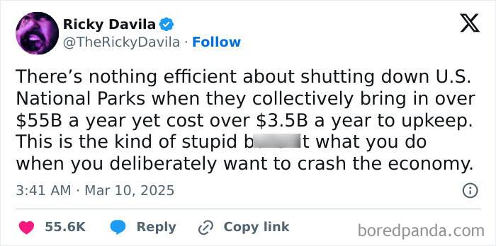 Tweet showing a facepalm moment with flawed logic about shutting down U.S. National Parks causing economic harm.