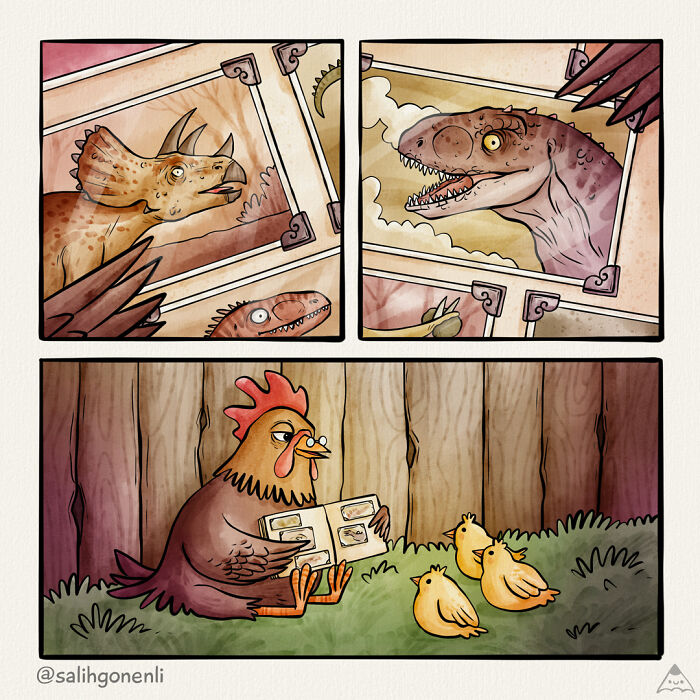 Chicken reading animal comics to chicks while dinosaur drawings are shown on comic pages in the background.