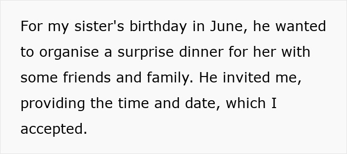 Text about organizing a surprise birthday dinner, with doubts about sister's boyfriend feeling quite fake. - 4