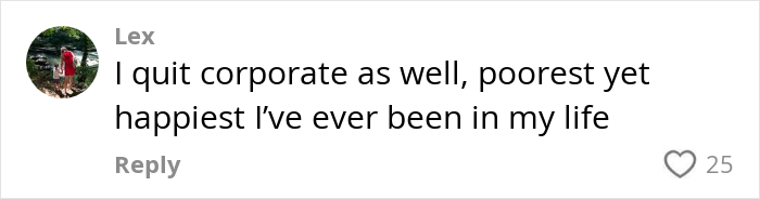 Comment by user Lex expressing quitting corporate life as poorest yet happiest experience, reacting emotionally to missing daughter's growth.