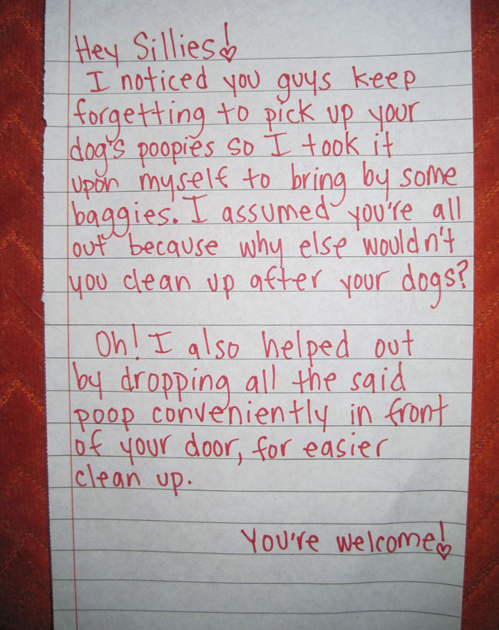 Handwritten unhinged neighbor’s note about dog p**p complaints and leaving bags, illustrating difficult neighbor interactions.