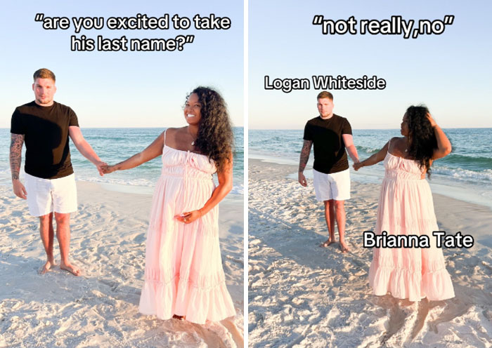 Couple on beach humorously discusses married surname trend with playful text exchange about last name change.