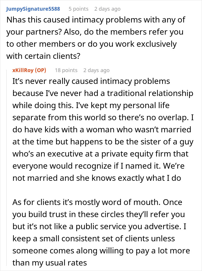 Reddit conversation showing a paid companion discussing experiences with wealthy married women and client referrals.