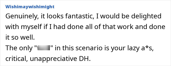 Comment praising woman who put heart into DIY kitchen makeover, criticizing husband who didn&rsquo;t help and called it ugly.