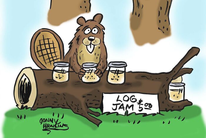 Beaver selling jars of log jam on a tree trunk stand in a playful one-panel comic by Jonathan Ray Hawkins.