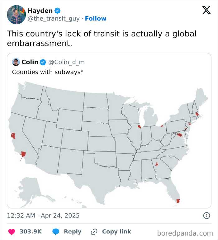 Map of the United States showing counties with subways highlighted in red for interesting geography facts and maps.