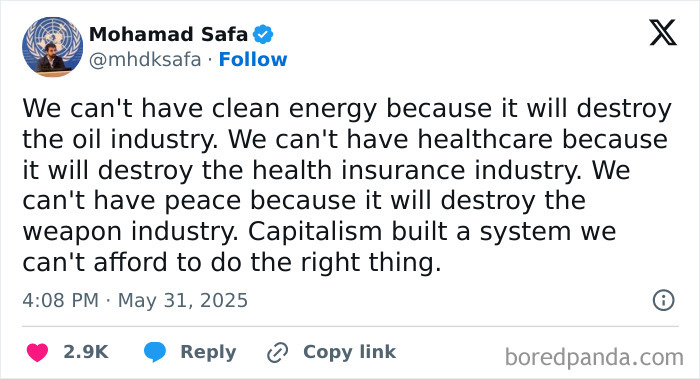 Tweet highlighting a facepalm moment about ignoring basic logic related to energy, healthcare, and peace industries.