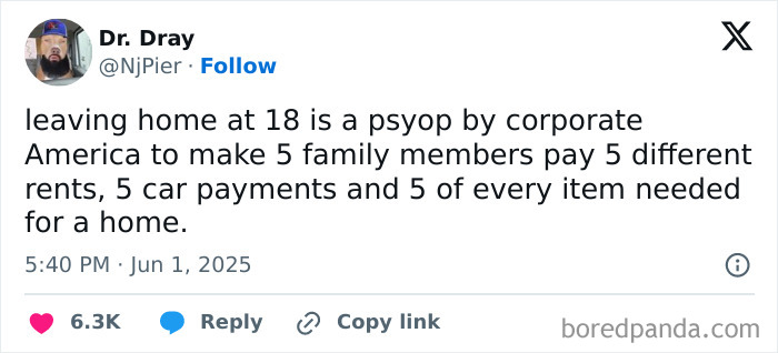 Tweet criticizing consumerism and corporate America, highlighting financial burdens on young adults leaving home early.