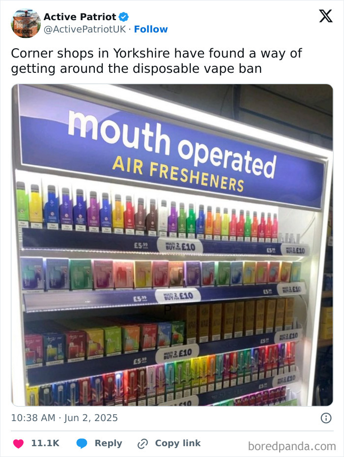 Display of colorful mouth operated air fresheners in a UK shop as a humorous response to the disposable vape ban.