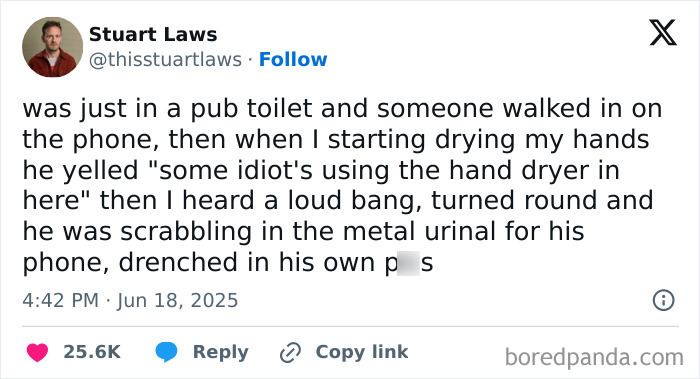 Tweet about a chaotic and funny pub toilet incident, reflecting typical British humor and relatable UK meme culture.